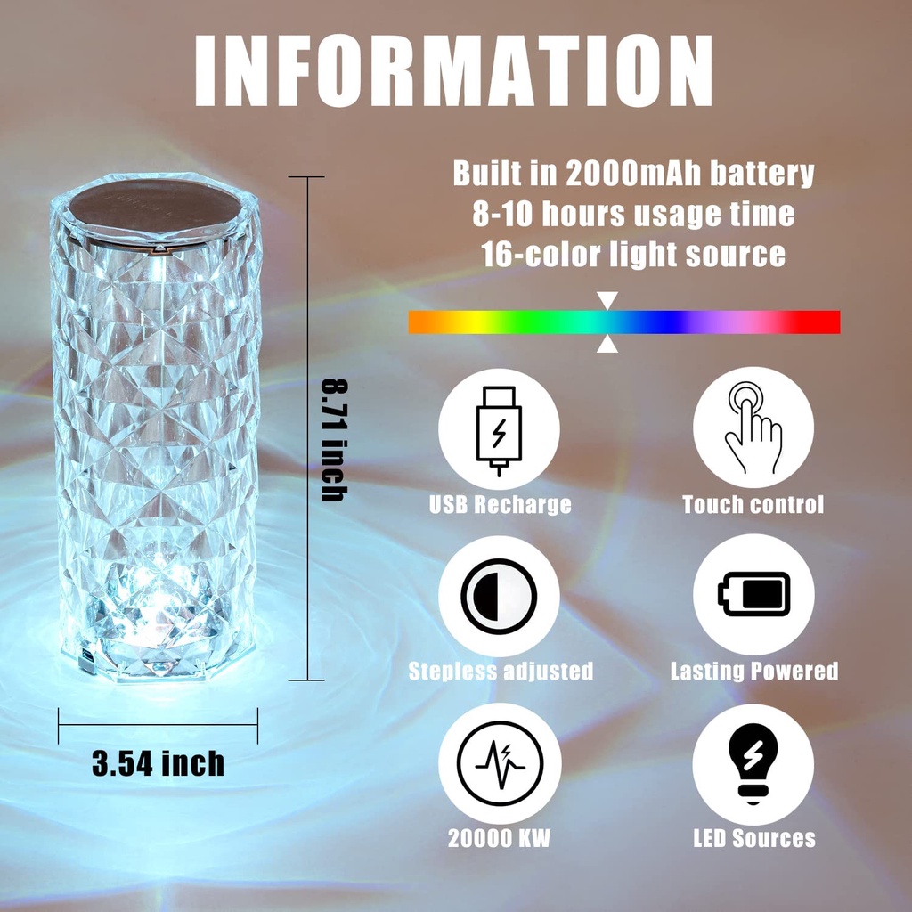 # HJ # Lampu Meja Mawar LED Crystal 16 colour / light Lampu Tidur Aesthetic / Lampu Hias LED Crystal Rose Diamond Table Lamp USB charging + Remote