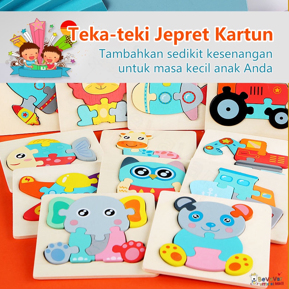 BEVAVAR Mainan 3D Jigsaw Puzzle Kayu Gambar Hewan Dan Kendaraan Lucu