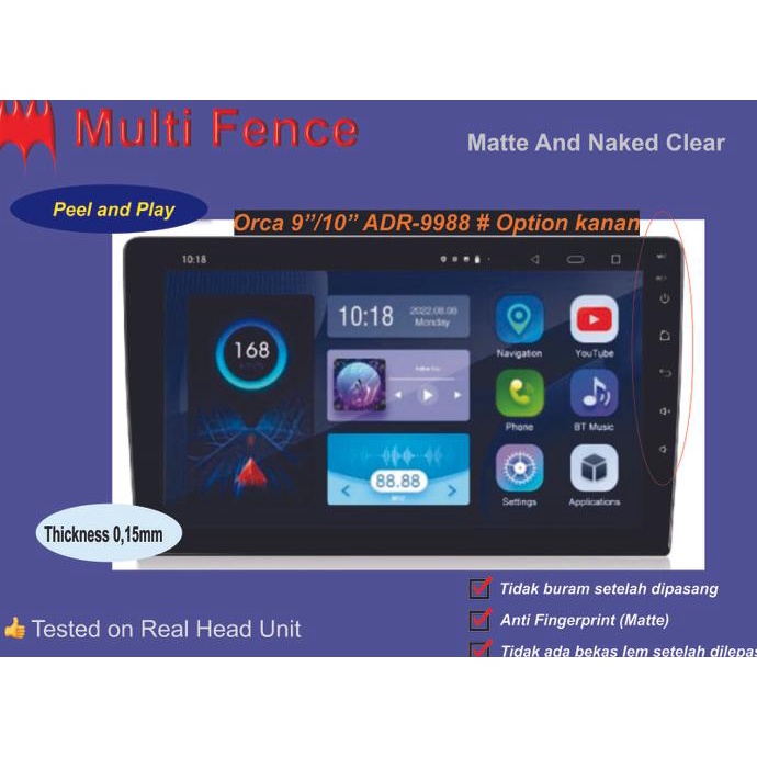 SCREEN GUARD HEAD UNIT ANDROID ORCA ADR-9988 9/10"