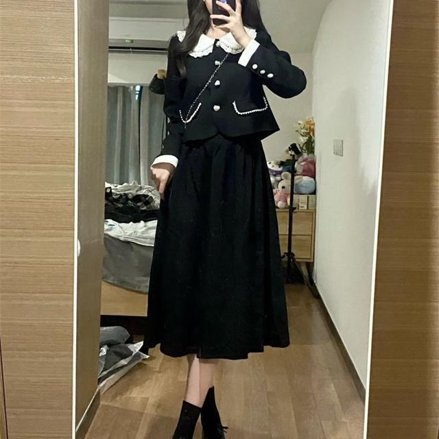 Suhao Boneka Kerah Slim Temperamen Lengan Panjang Kecil Wangi Jaket + Rok Panjang Wanita Musim Gugur 2022 one-Piece Suit