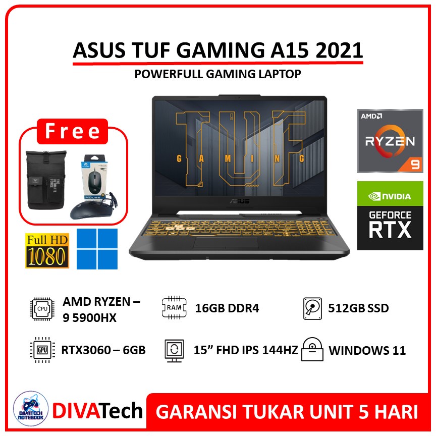Asus TUF Gaming A15 2021 RTX3060 Ryzen 9 5900HX 16GB 512GB SSD 144Hz