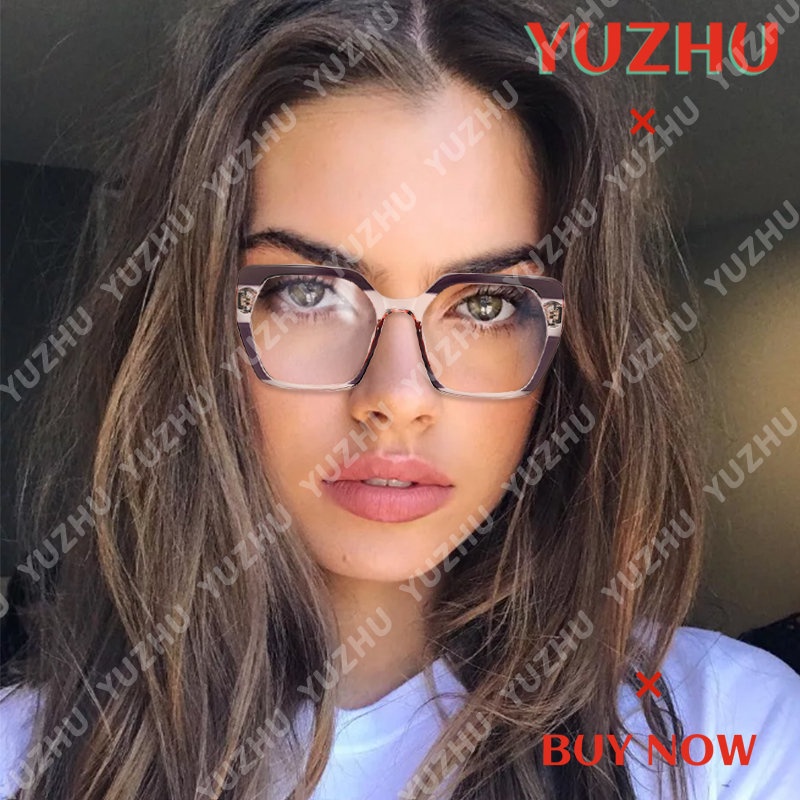 (YUZHU) Mode Baru Two Tone Bingkai Persegi Anti Cahaya Biru Kacamata Vintage Fashion Design Sense Eyeglasses Wanita