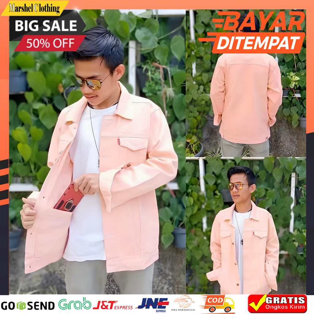𝐩Ⓙв - Jaket Jeans Denim Warna Pink Muda Model Casual Pria / Jaket Jeans Jumbo Pria / Jaket Jeans Big