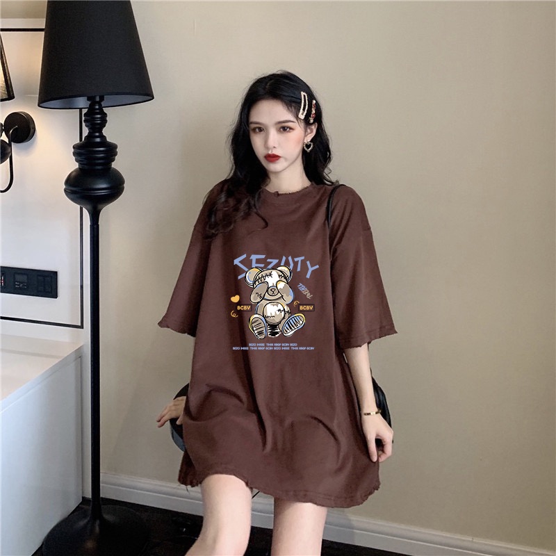 4 warna 100% Katun Graphic Tee Baju Wanita Cartoon Bear Atasan Wanita Oversize Kaos Putih T-shirt Couple Korean Style