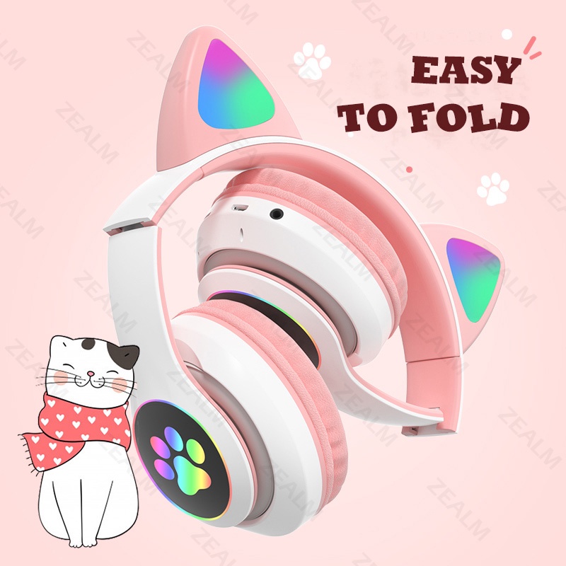 STN-28 Lipat LED Cat Ear Bluetooth Headphone Dengan Mic HiFi Stereo Wireless Headphone Gaming Headset Cute Handset Bluetooth Henset Bloetooth Hedset Gaming