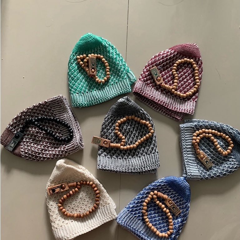 (PAKET) Peci Rajut Lurik Guanteeng Dewasa Tebal POLOS premium tasbih 33 anak bayimotif hitam putih s