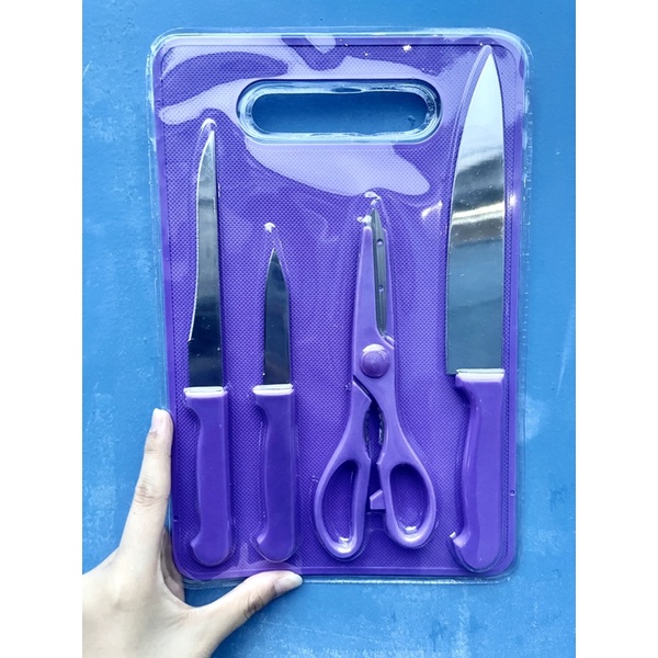 Talenan Pisau Dapur Set Warna Warni 5IN1 / Pisau  Gunting Dapur Multifungsi / Set Pisau &amp; Talenan Warna Lucu