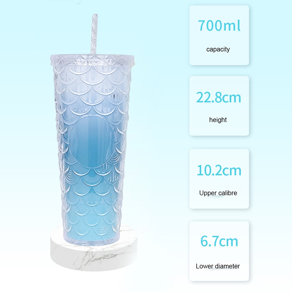 710ml Starbucks Straw Cup With Lid Double Layer Insulasi Panas Fish Scale Cup Net Botol Minum Tipe Merah
