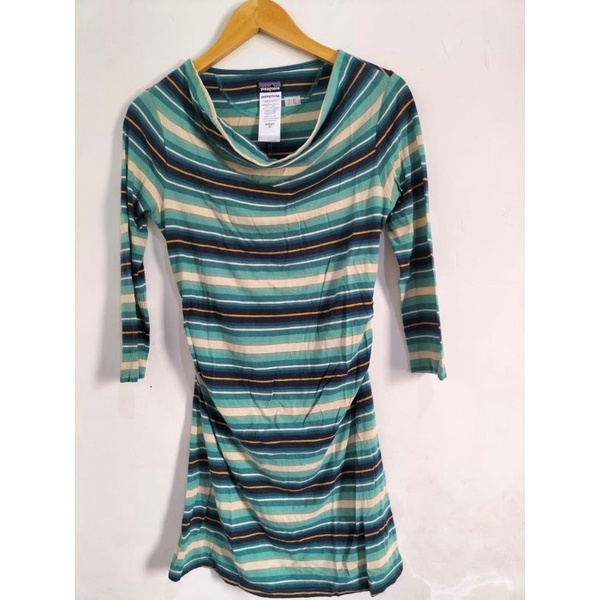 Preloved Patagonia Women Kamala Cowl Neck Hatty Striped Green Sheath Dress