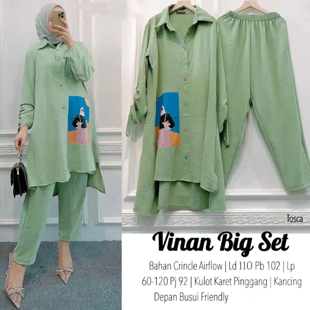 One Set Kemeja Lengan Kerut Sablon Kekinian Plus Celana Model Viral Kekinian / Daily Hijab Simple / Outfit Gaya Korea One Set Setelan Wanita Korean Style Baju Wanita ala Selebgram Paket Ootd Hemat Fashionable / Vinan big set