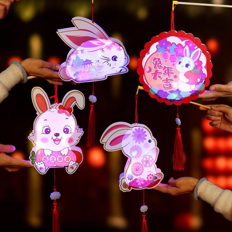 Lampion Lampu [LED] Kartun Kertas Kelinci 2023 Dekorasi Souvenir DIY Hadiah Imlek | Lentera Lampu Malam Rabbit Tas Mainan Buatan Tangan Hiasan Gantungan Hari Raya