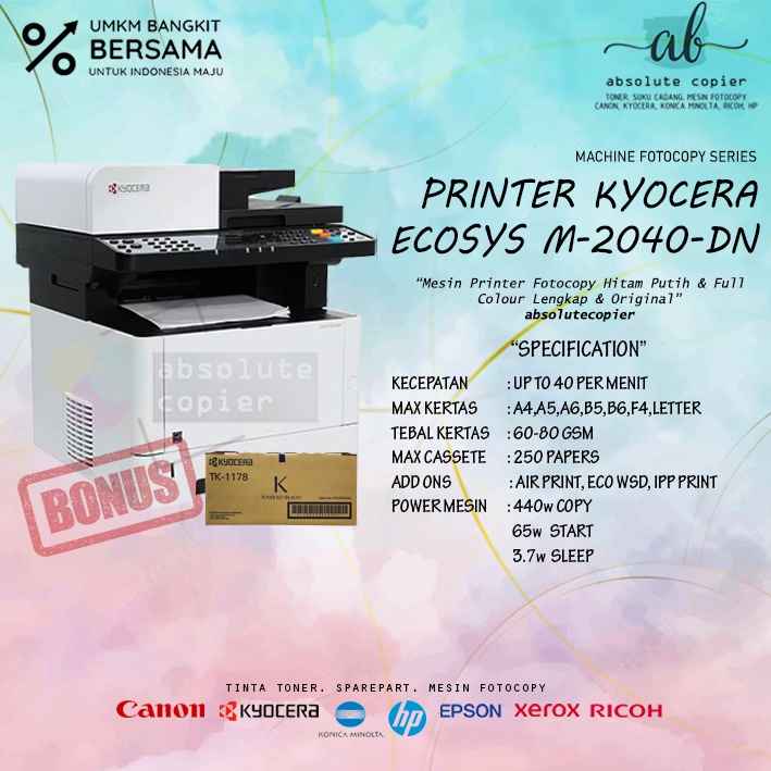 MESIN PRINTER FOTOCOPY KYOCERA M-2040 M2040DN ECOSYS COPY PRINT SCAN PLUS TK-1178
