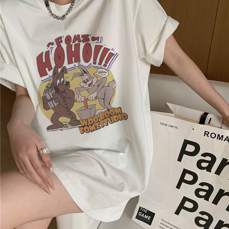 Print T-shirt Kaos Lengan Pendek Cartoon Anime Rabbit Dog Atasan Wanita Korean Style