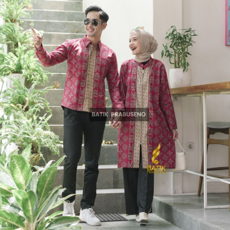 Batik Prabuseno Couple Motif Hanum Merah Kemeja Hem Atasan Tunik Lengan Panjang Pria Wanita Modern P