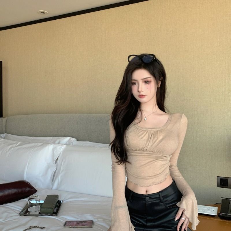 ✾﹊Suhao Lipit Kerah Persegi Lengan Panjang Lengan Terompet T-shirt Pullover Top Gaya Korea Musim Gugur Pakaian Dalam Wanita Budidaya Diri Retro Bottoming Minoritas