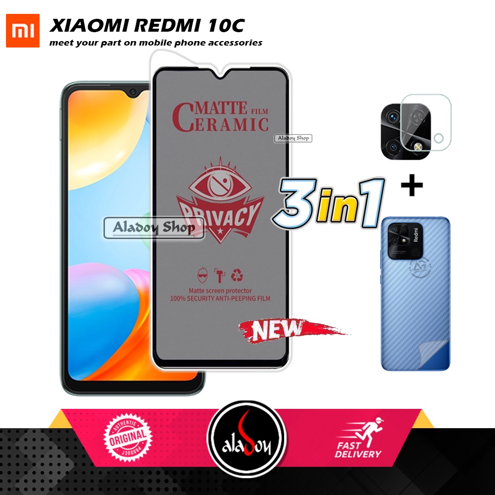Tempered Glass Anti SPY Xiaomi Redmi 10C Anti Gores Privacy + Tempered Glass kamera dan Skin Carbon