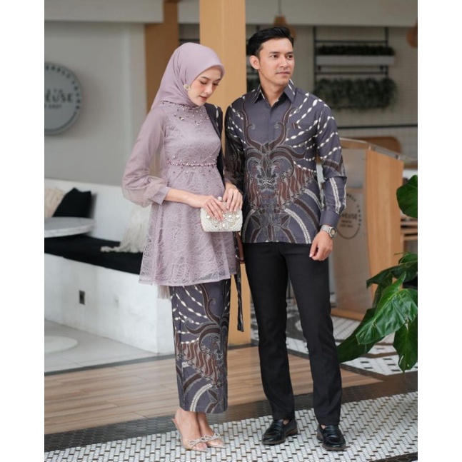 BATIK EXPRESS- Batik Couple Juwita Kebaya Modern Baju Couple Pasangan Kebaya Kondangan Wisuda - Couple Batik Brukat Tulle Mutiara - Outfit Kondangan Kekinian Madina Couple