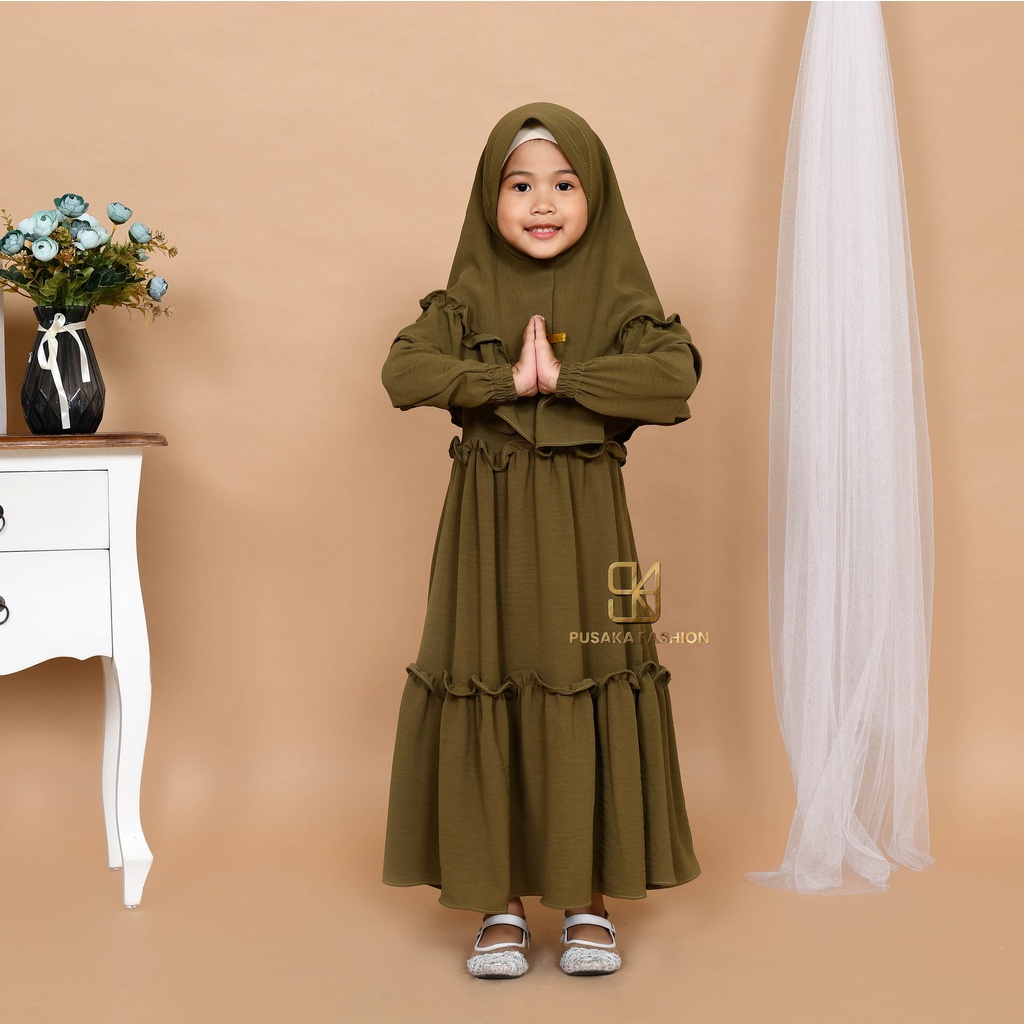 JIIRA baju gamis syari anak perempuan cringkle fashion muslim terbaru  FREE hijab khimar modern dres stelan kerudung serut susun 4 - 9 tahun manasik mengaji maulid nabi warna putih tulang hitam bata lilac lemon pink fuchia moca sagr green olive kekinian