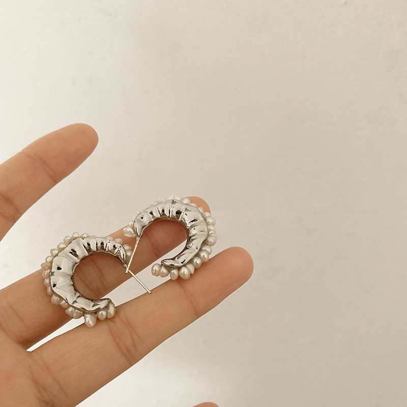 Anting Mutiara Berbentuk C Setengah Lingkaran Perak Aksesoris Retro Versi Korea Temperamen Tren