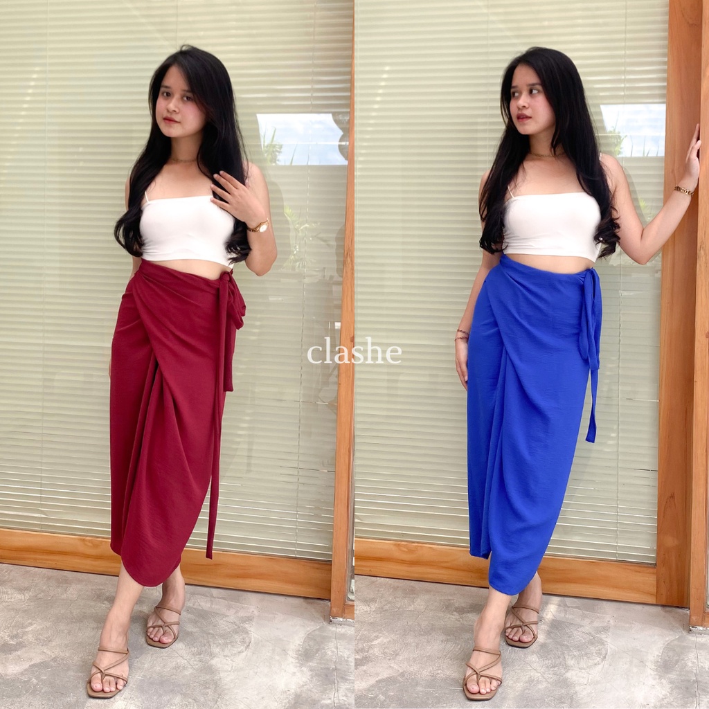 Rok Wanita Panjang Lilit Polos Bahan Crinkle Airflow Anti Lecek Korean Style Terbaru Kekinian Viral Elsa Skirt by Clashe