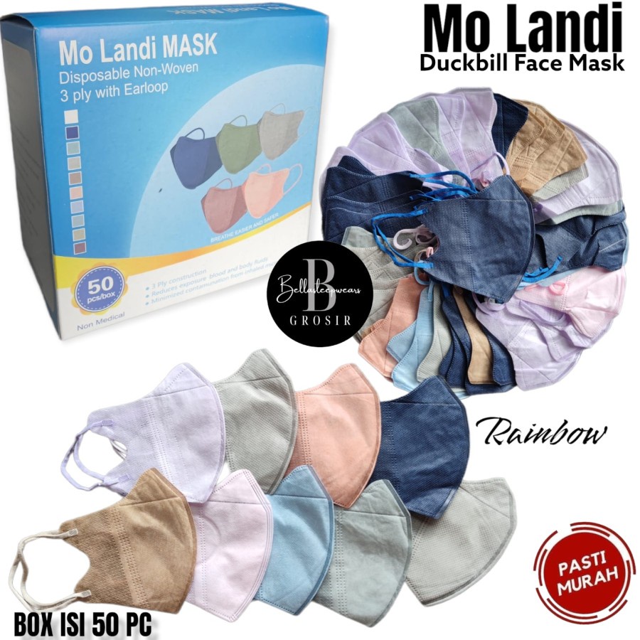 MASKER DUCKBILL FM MIX MOLANDI RAINBOW 3PLY GARIS FACE MASK HITAM BLACK BOX ISI 50 PCS - BOX PUTIH MURAH TERMURAH