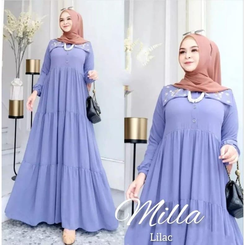 Milla Dress Gamis Malaysia Ceruty Babydoll Aksen Bordir Baju Kondangan Wanita Jumbo Gamis Busui Friendly Gaun Pesta Muslimah