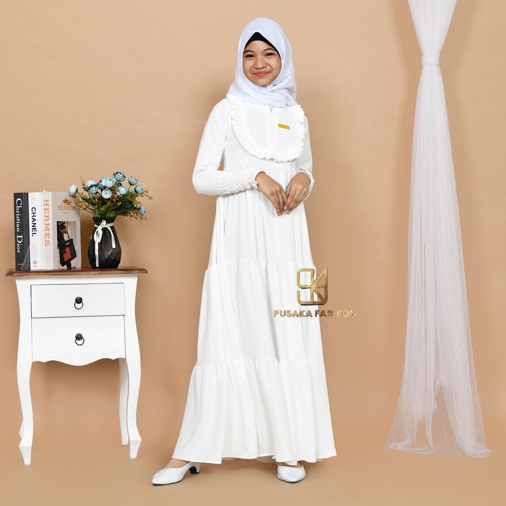 VINA KIDS GAMIS cringkle ANAK perempuan remaja tanggung 9-17 tahun fashion muslim longdress KID girl serut susun modern premium warna putih tulang pink fuchia sage green hitam bata mocca lemon olive broken white gamis putih manasik haji mengaji terbaru