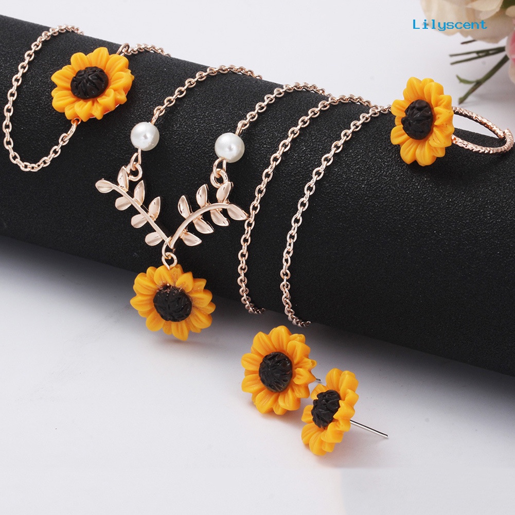 [LS] 5pcs/set Fashion Bunga Matahari Liontin Kalung Stud Anting Cincin Gelang Perhiasan