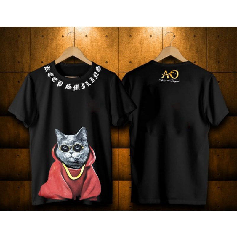 Baju kaos lengan pendek pria hitam / baju kaos keep smiling / kaos kucing keren / baju kaos kucing g