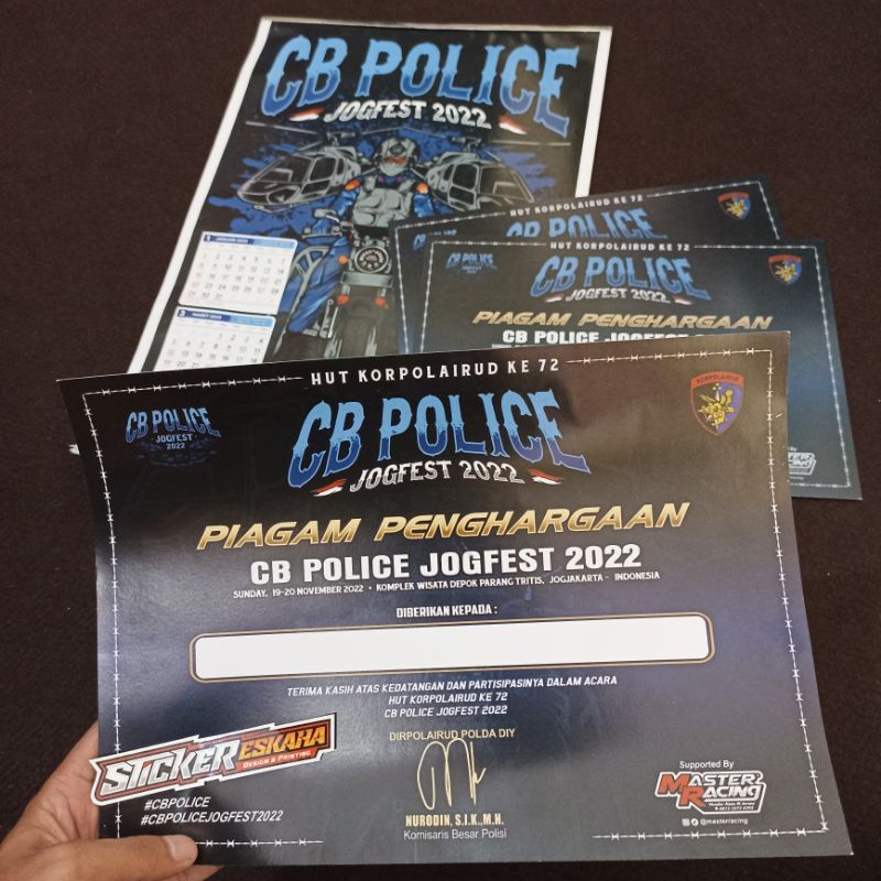 

Piagam Penghargaan CB Police Jogja Jogfest 2022 Sertifikat Kehadiran Registrasi Acara