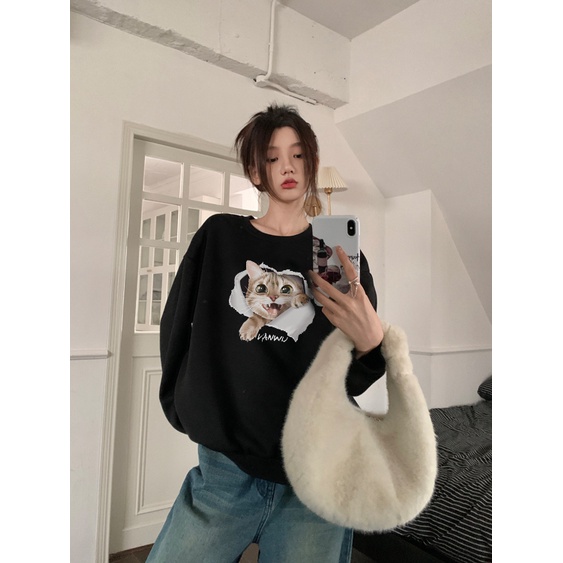 EUNII Sweater Lengan Panjang Cartoon Torn Cat Korean Style/Hoodie Oversize/Baju Wanita/Switer Wanita