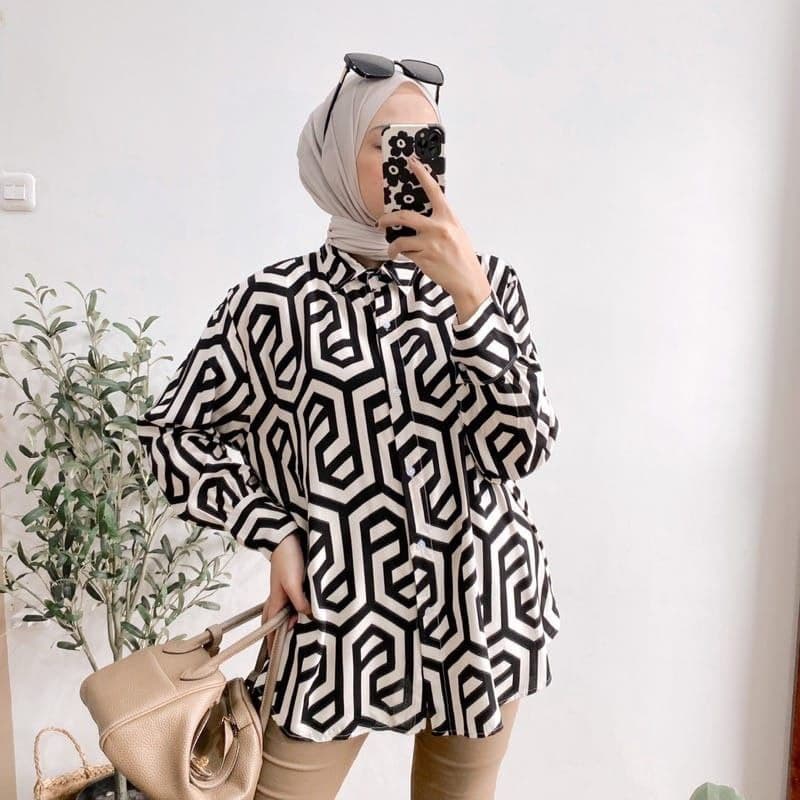KEMEJA GARIS WANITA LENGAN PANJANG | ATASAN MOTIF BLOUSE WANITA RAYON | BAJU KERJA KASUAL MURAH TERLARIS