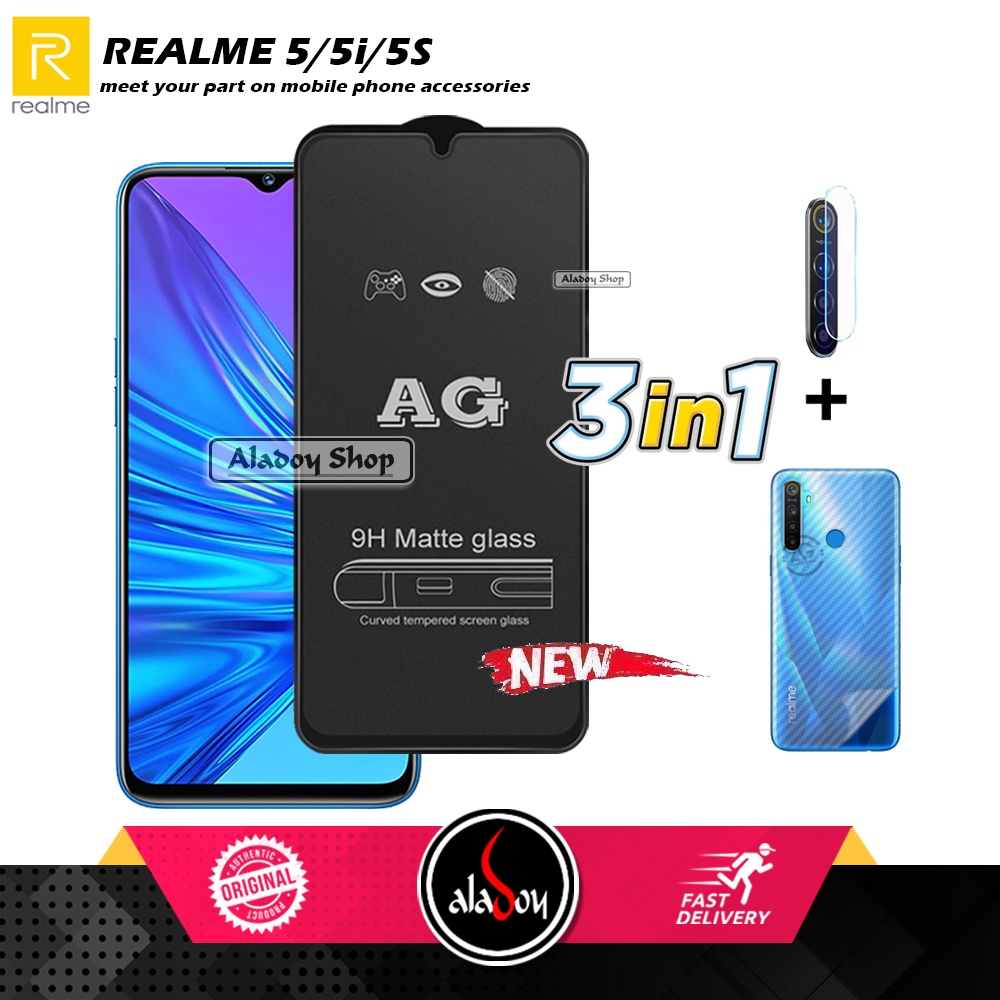 Paket 3IN1 Tempered Glass Layar Matte Anti Glare Realme 5/5I/5S Free Tempered Glass Camera dan Skin Carbon