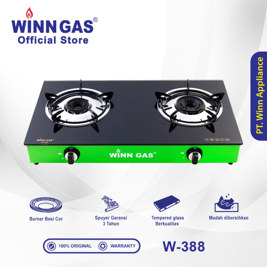 Winn Gas Kompor Gas 2 Tungku Lapis Kaca W-388 &amp; Paket Kompor Selang Regulator W88/W900