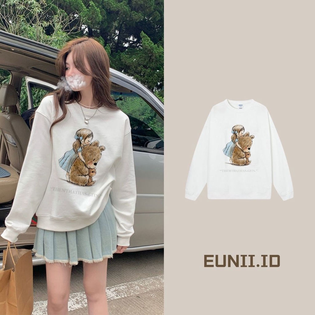 EUNII Sweater Lengan Panjang Little Girl And Bear Korean Style/Hoodie Oversize/Baju Wanita/Switer Wanita