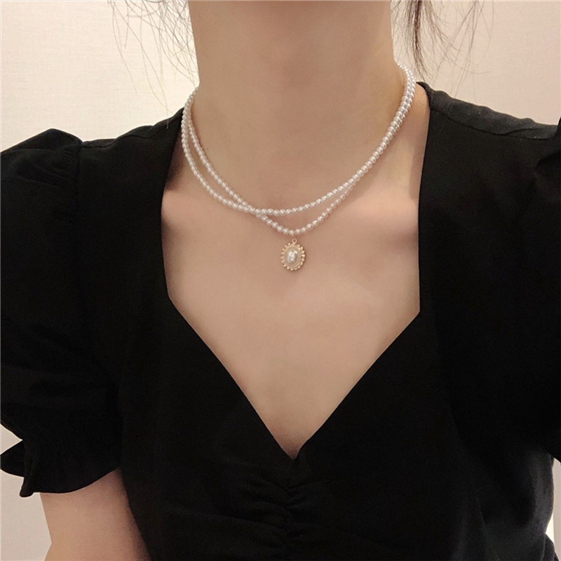 Choker Rantai Klavikula Kalung Mutiara Ganda Vintage Untuk Wanita