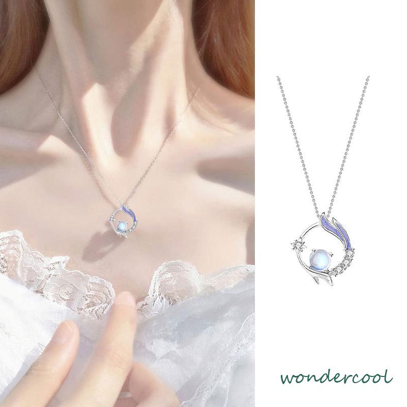 Kalung Rantai Klavikula Liontin Moonstone Gaya Korea Silver Untuk Wanita Aksesoris Perhiasan-Won