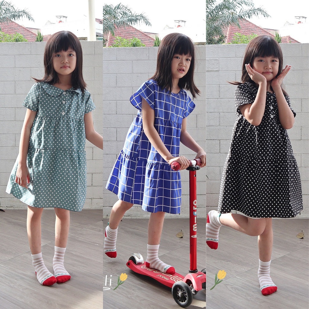 IZANY Midi Dress Anak Kerah Kancing Depan / Dress Anak Perempuan Saten Apple banyak varian