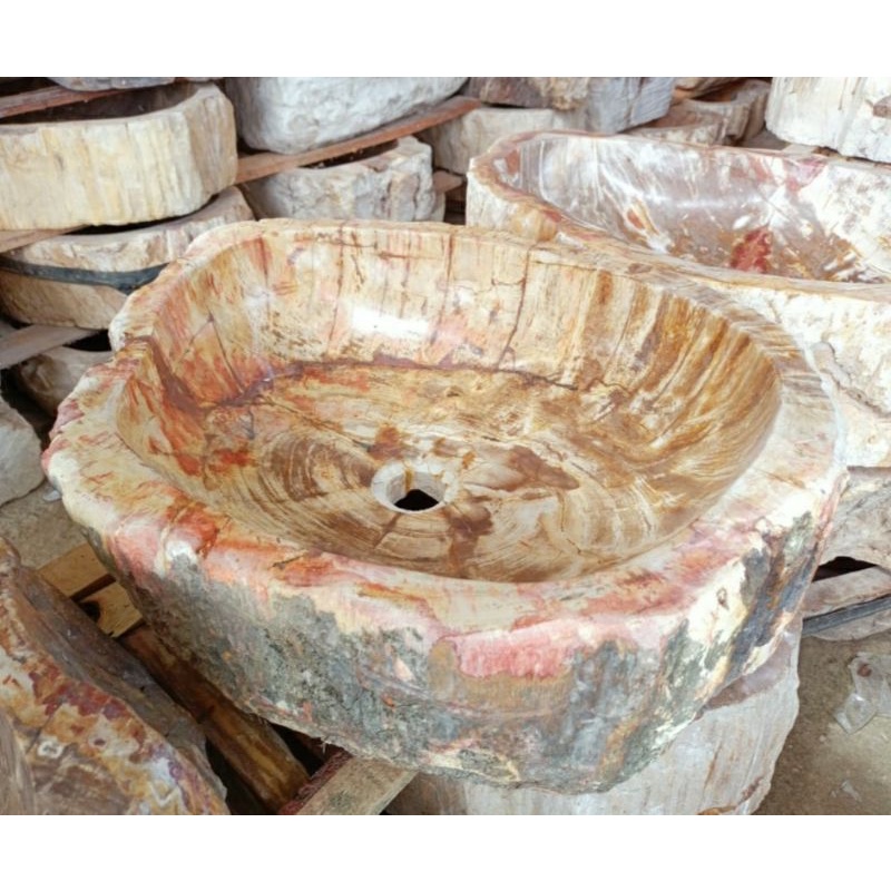 Wastafel Batu Fosil Kayu Asli