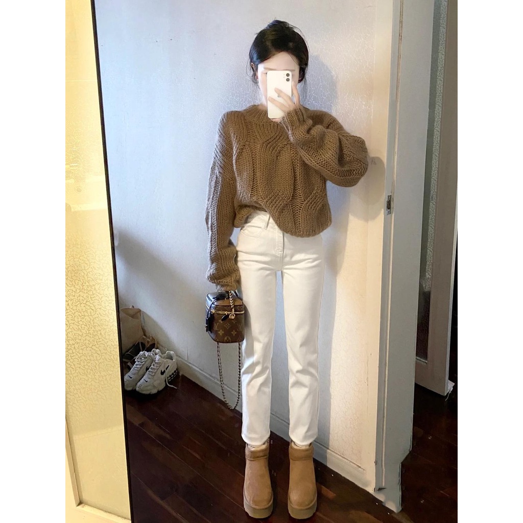 Suhao Khaki Sweater Jeans Two-Piece Set Musim Gugur dan Musim Dingin Kecil Wangi Gaya Temperamen Wanita Rasa Tinggi Gaun Kecil one-Piece Set
