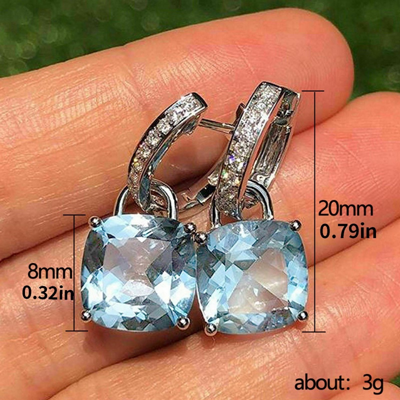 Fancyqube New Arrival Menjuntai Anting-Anting Wanita Bantal Potong Biru Cubic Zirconia Liontin Sederhana Bergaya Gadis Anting-Anting Pernyataan Perhiasan