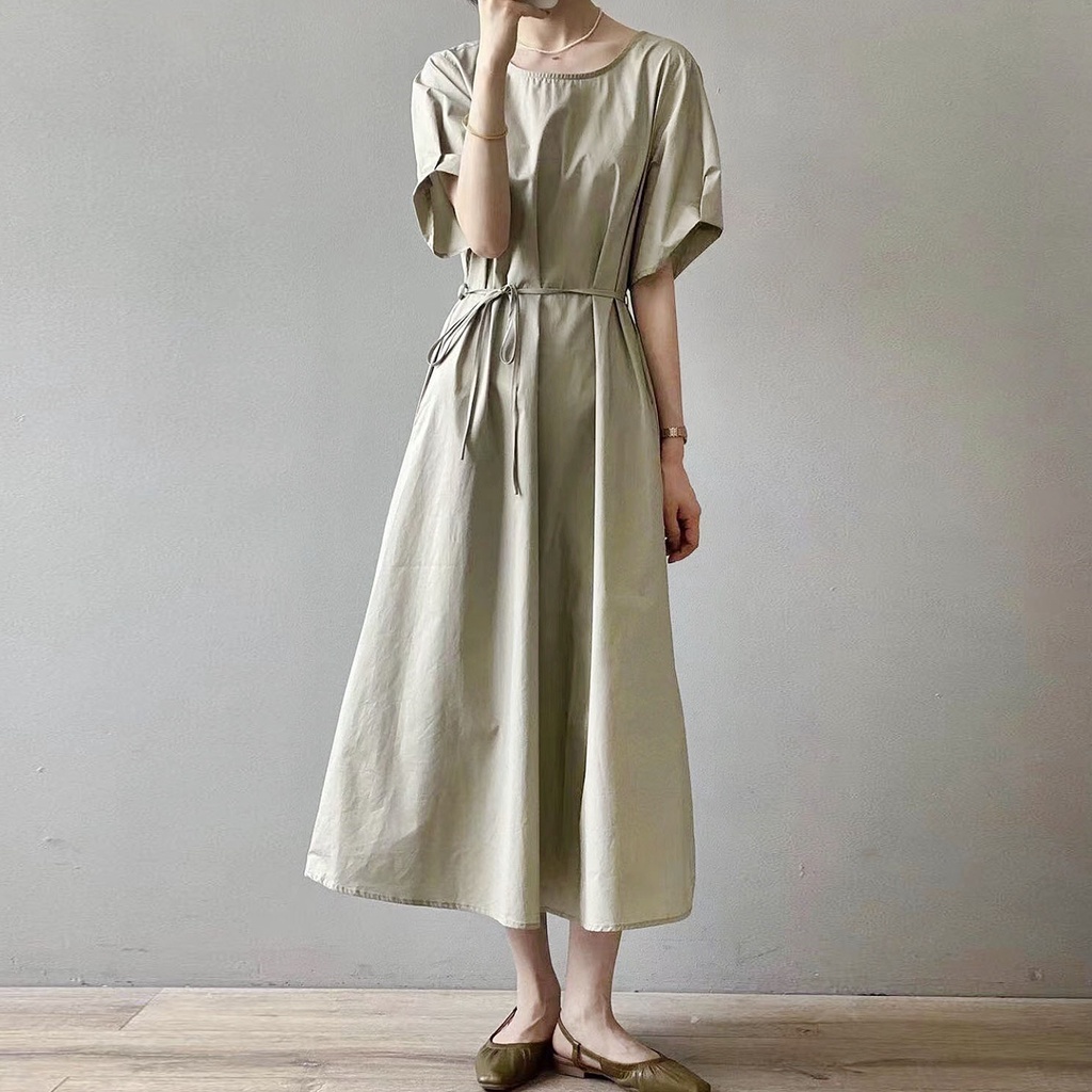 DRESS MIDI KATUN POPLIN PREMIUM KREM KHAKIS TALI PINGGANG KOREA IMPORT