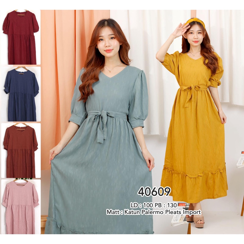 40609 / Dress Katun Polos Palermo Pleats Import Terbaru / Long Casual Dress Nyaman Bahan Lembut Ld 1