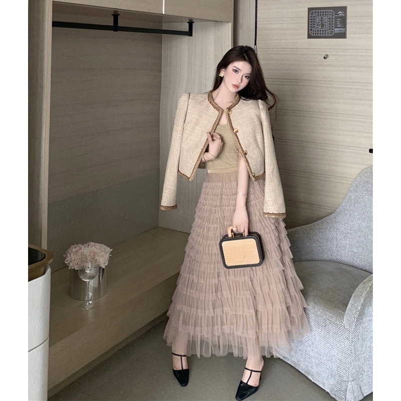 ♙●☈Suhao Kecil Wangi Gaya Tweed Lengan Panjang Jaket Wanita Musim Gugur 2022 Baru Selebriti Retro Temperamen High-End Cardigan top