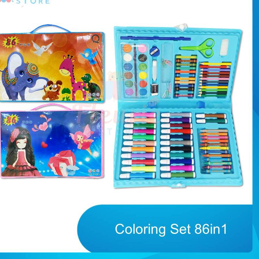 

➵ Coloring Set 86in1 ( Alat Menggambar & Mewarnai - Pensil Warna, Crayon, Spidol, Cat Air ) ぇ