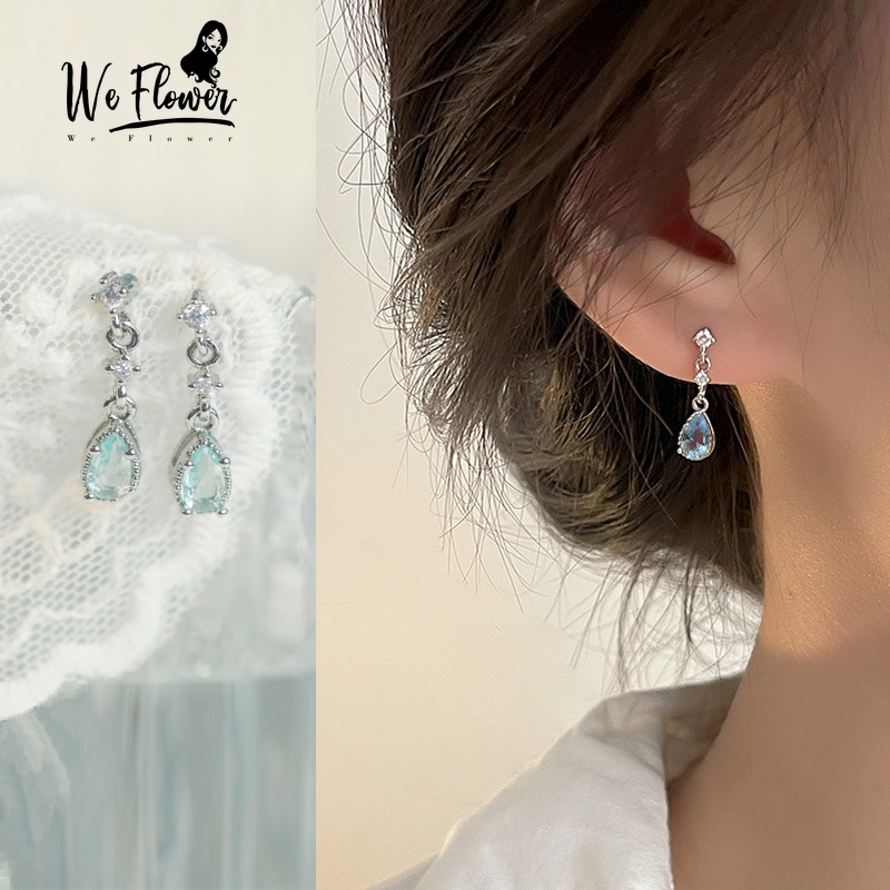 We Flower Elegan Biru Zirkon Tetesan Air Mata Menjuntai Anting-Anting Untuk Wanita Perempuan Mewah Bersinar Mermaid Tears Earring Untuk Pesta Pernikahan Pertunangan