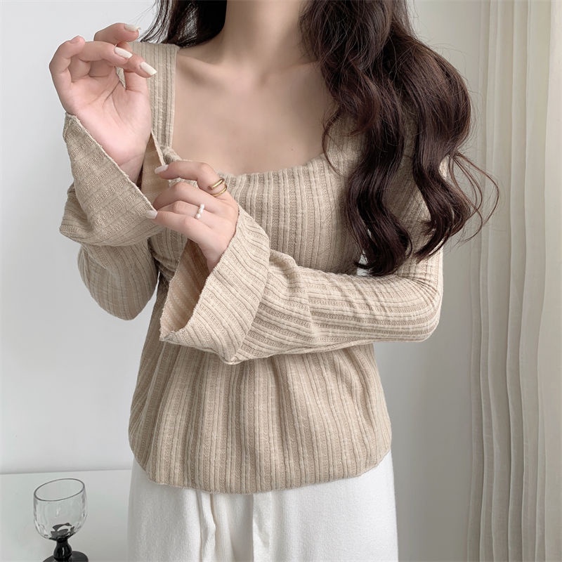 ﹍✼Suhao gaya hasrat murni hot girl square collar long-sleeve t-shirt wanita musim gugur dan musim dingin trumpet sleeve bottoming shirt dengan slim fit dan thin belly cover top