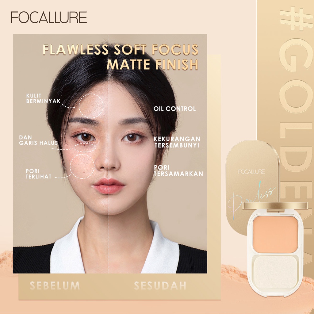 Focallure #GoldenAge long-lasting poreless compact powder soft focus matte Invisible pores lightweight Pressed Powder Smooth Oil Control Waterproof