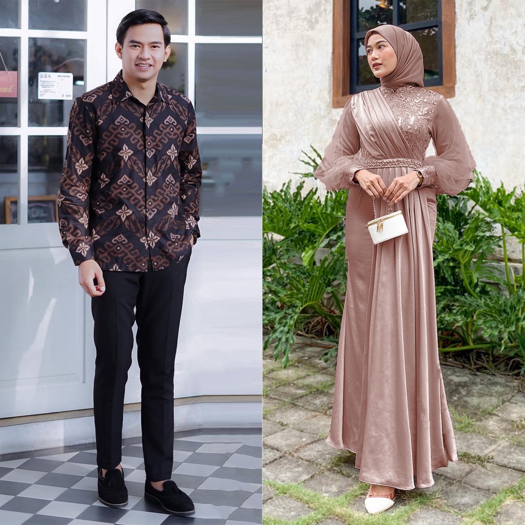 AZKANA BATIK - Gamis Couple Adeeva Dress Kondangan Dan Lebaran Modern Dress Satin Mix Brokat Payet Premium Dress Sarimbit Modern Gamis Couple