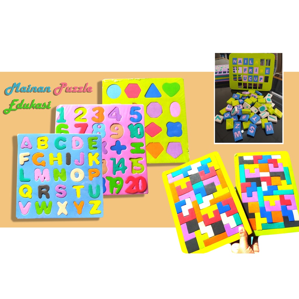 Mainan Puzzle Edukatif Tetris / Balok Huruf / Angka / Geometri Varian Warna